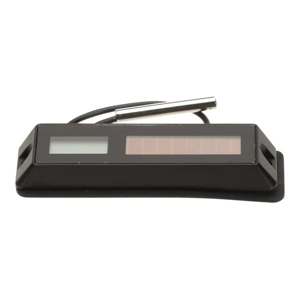 A rectangular black solar-powered thermometer with a digital display and a metal probe attached by a lead.