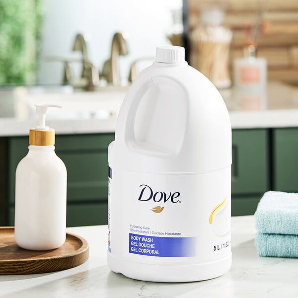 A large 5-liter container of Dove Hydrating Care body wash.