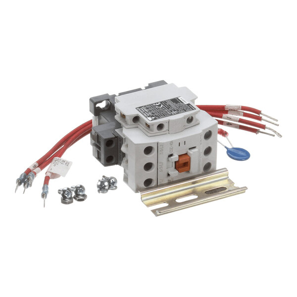 A 3-pole contactor kit with auxiliary, including wiring and mounting hardware, rated for 220 volts and 40 amps.