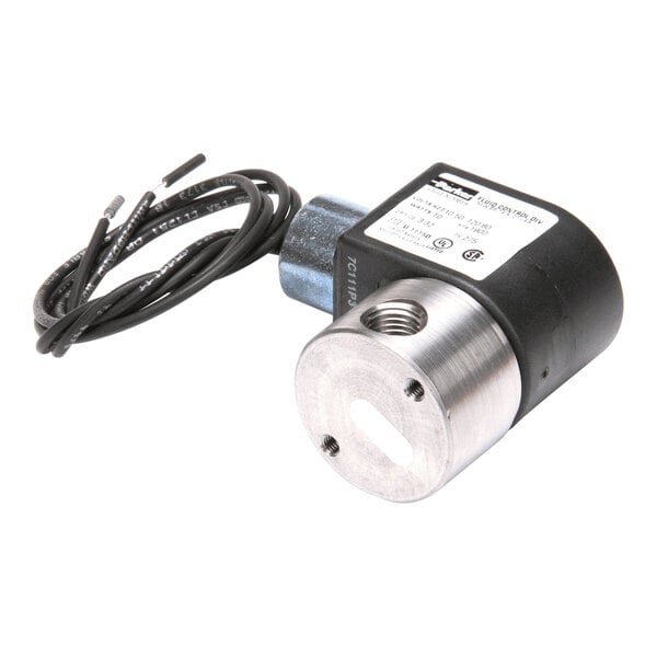 A metal and plastic water valve with attached wires, designed for 120 VAC, 60 Hz operation.