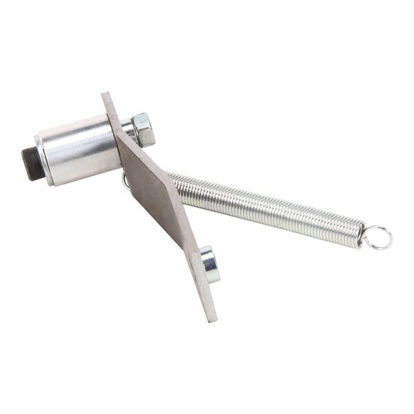 An idler bob assembly with a metal bracket, cylindrical component, and attached spring.