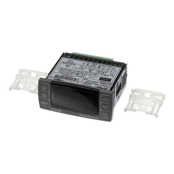 A digital control module assembly labeled Dixell Emerson, used for refrigeration or HVAC systems, with two white mounting brackets.