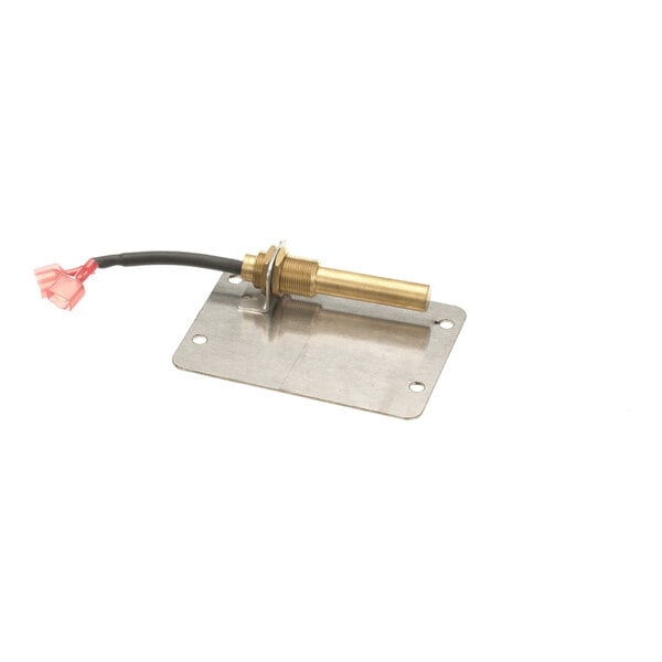 A metal door sensor and bracket assembly with a cylindrical sensor and attached wiring.