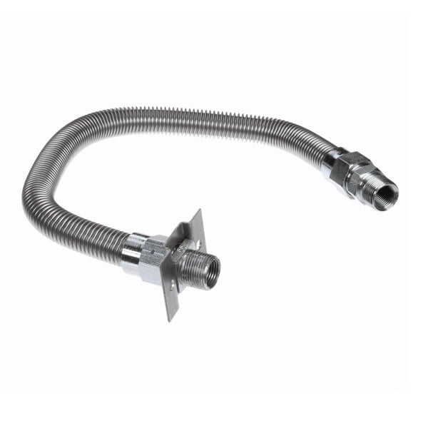 A flexible metal tube assembly with threaded fittings and a mounting plate, measuring 3/4 inch by 24 inches.