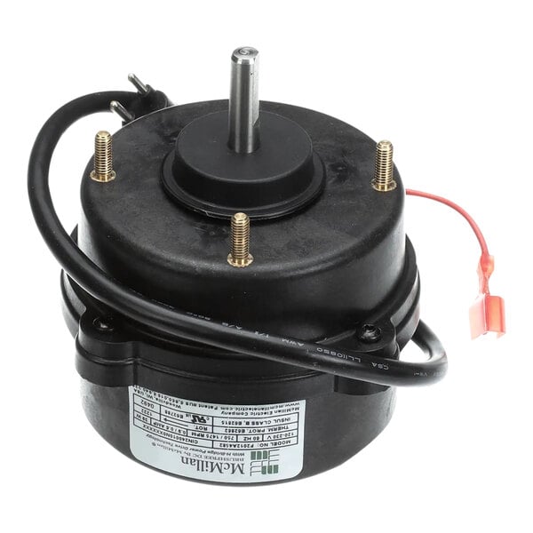 A black electric motor with a central shaft, attached wires, and a label indicating specifications.