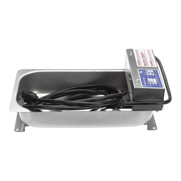 A stainless steel electric heating pan with an attached power cord and control box.