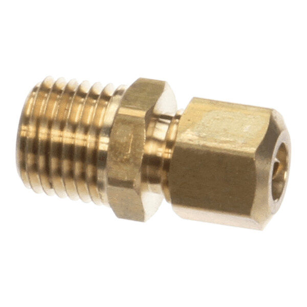 A brass fitting with a 1/4 inch NPT male thread on one end and a 1/4 inch compression connection on the other.