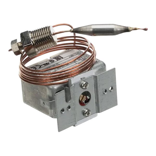 A metal hi-limit thermostat with a coiled copper sensor and mounting bracket.