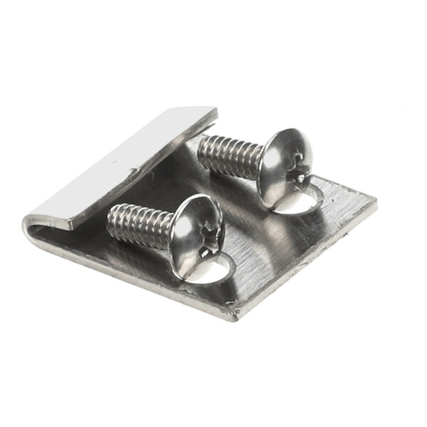 A metal catch assembly with two screws, designed for security applications.
