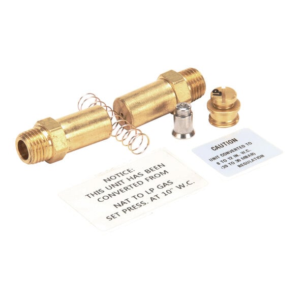 A gas conversion kit with brass fittings, springs, and labels for converting a Blodgett unit from natural gas to LP gas.