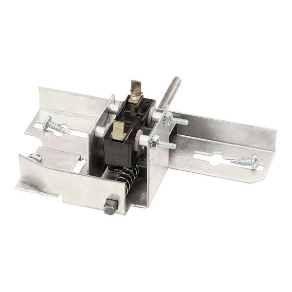 A metal switch bracket assembly with screws and a mounted electrical switch.