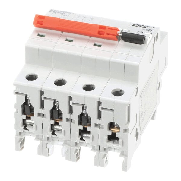 A four-pole 25-amp circuit breaker with a red switch, used for electrical protection.