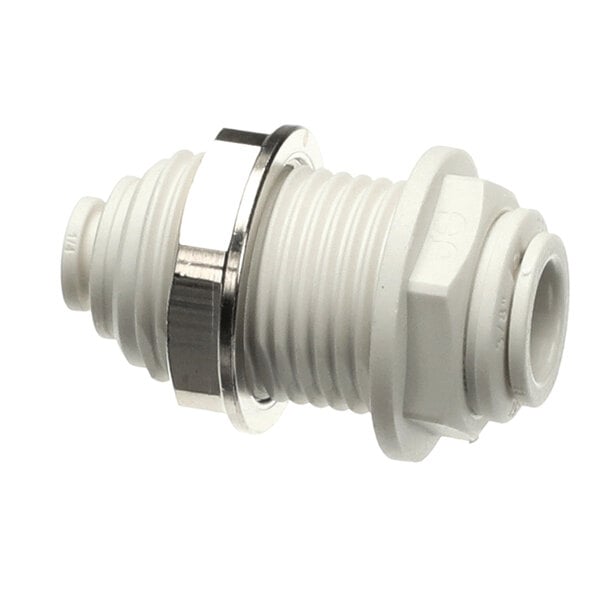 A white plastic bulkhead reducing connector with threaded body and metal washer.