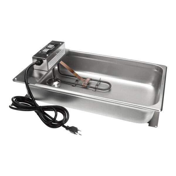 A stainless steel electric evaporator pan with a heating element, power cord, and plug.