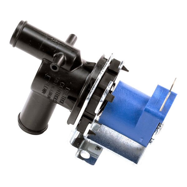 A purge solenoid valve with a black plastic body and a blue actuator, used in commercial equipment.