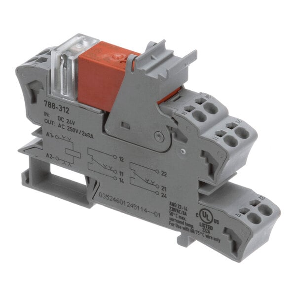 A gray and orange DPDT relay module with terminal connections and printed specifications on the side.