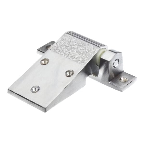 A brushed chrome textured hinge with mounting holes and a sloped design.