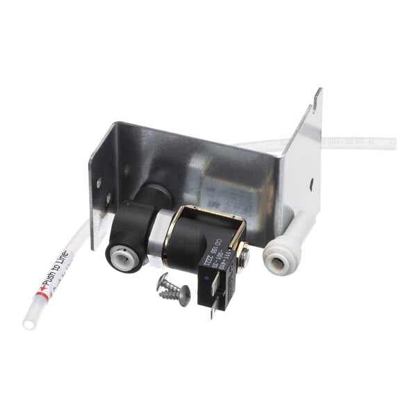A solenoid water feed valve assembly with mounting bracket and attached tubing.