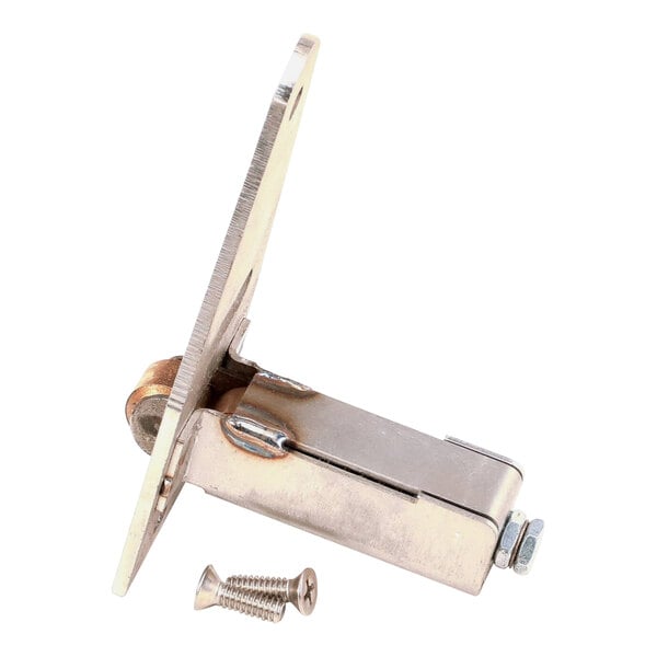 A metal roller catch assembly with a mounting plate and two screws.