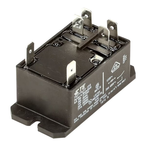 A black electrical relay with multiple metal terminals and white printed specifications on the side.
