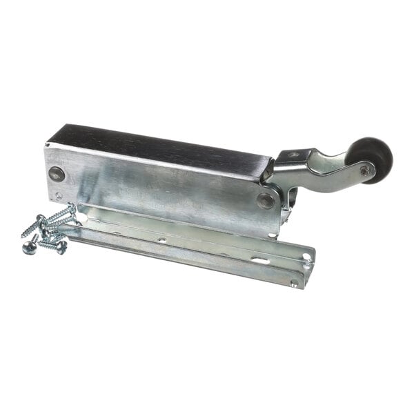 A metal door closer with a concealed mounting design, a roller arm, and included screws.