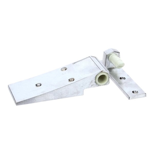 A brushed chrome textured hinge with mounting holes and a pivoting mechanism.