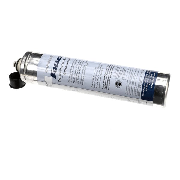 A cylindrical Follett Corporation carbonless water filter cartridge with a label and a black cap.