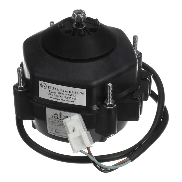 A black electric motor with attached wiring and a label, designed for use in refrigeration or HVAC systems.