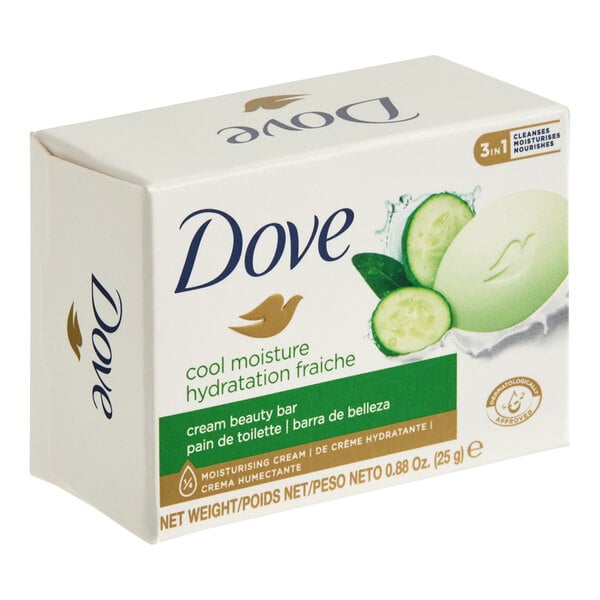A box of Dove Cool Moisture Cucumber & Green Tea Cream Beauty Bar Soap weighing 0.88 oz.