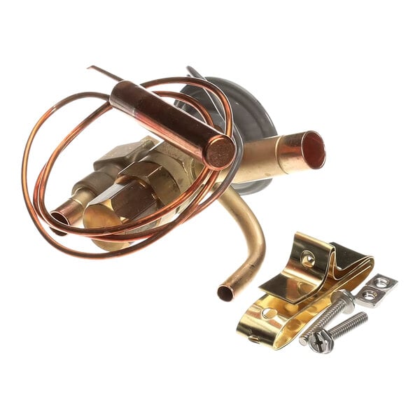 A brass and copper thermostatic expansion valve with attached capillary tube and mounting hardware.