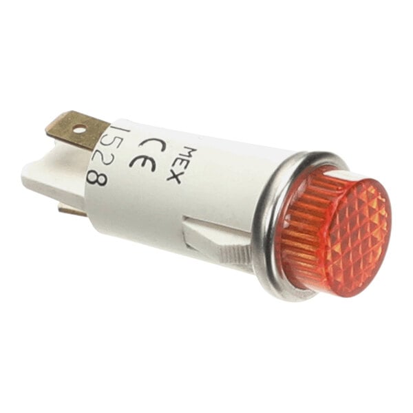 A round amber indicator light for electrical equipment, rated at 28V.