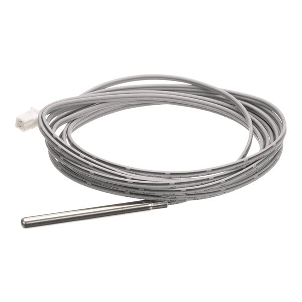 A temperature probe with a long gray cable and connector, featuring a metal sensing tip.