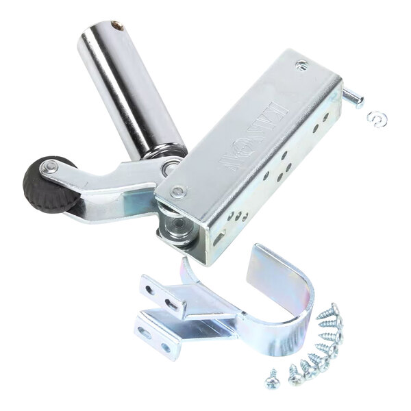 A hydraulic door closer kit with a metal body, mounting bracket, and screws.