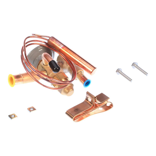 A Hussmann 0562914 thermo expansion valve Sfbde 1/2 with copper tubing, mounting clip, screws, and small hardware pieces.