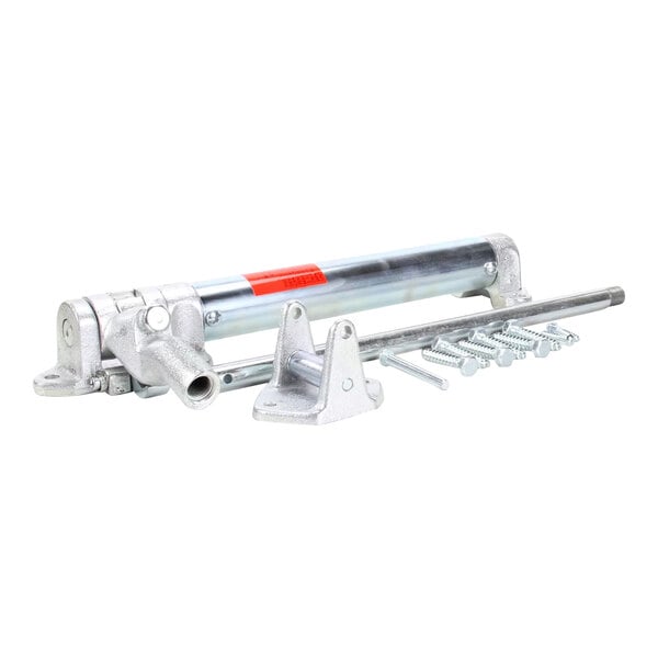 A metal door closer kit with mounting hardware.