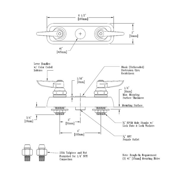 A diagram of a T&S deck mount workboard faucet base with lever handles and tailpieces.