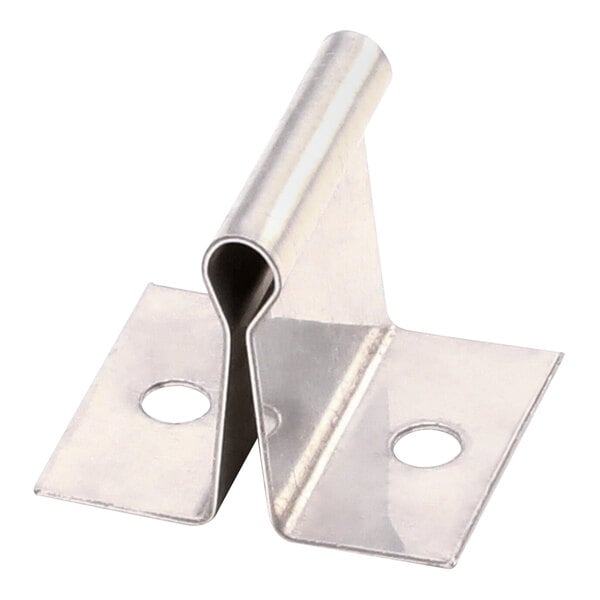 A metal clip designed to hold a bulb thermistor, with two mounting holes for attachment.