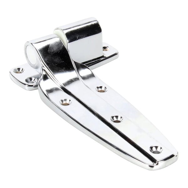 A chrome flush hinge with multiple screw holes for mounting.