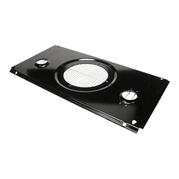 A rectangular black metal liner baffle guard assembly with circular vent openings and a central wire grate.