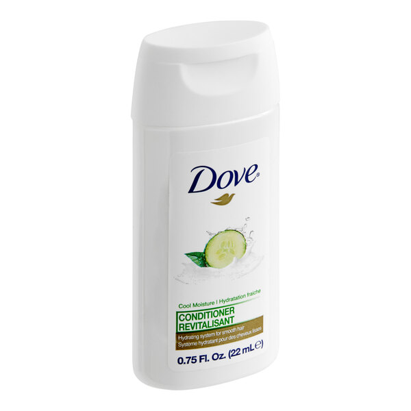 A small 0.75 oz. bottle of Dove Cool Moisture cucumber-scented conditioner.