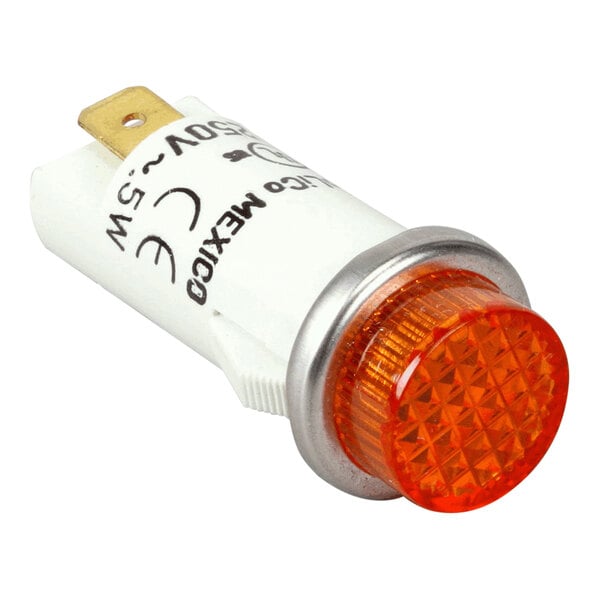 A round amber indicator light for 250V electrical applications.