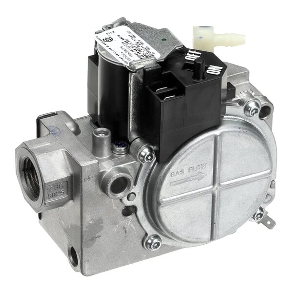 A metal gas valve with a black control module, designed for natural gas and direct spark ignition systems.