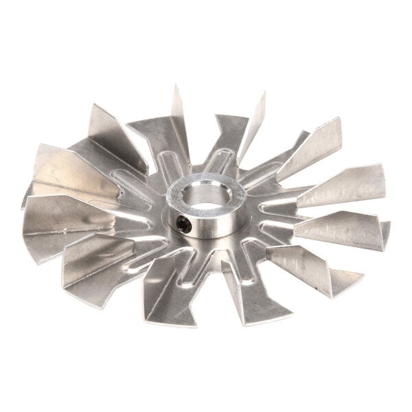 A metal radial blower component with multiple angled blades arranged in a circular pattern.