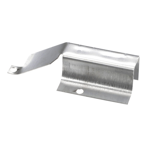 A metal shield probe component with a curved and angled design, featuring mounting holes.