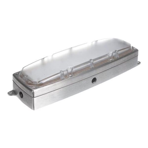 An LED light fixture with a flat, rectangular metal base and a clear cover.