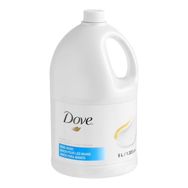 A large 5-liter bottle of Dove Hydrating Care hand wash.