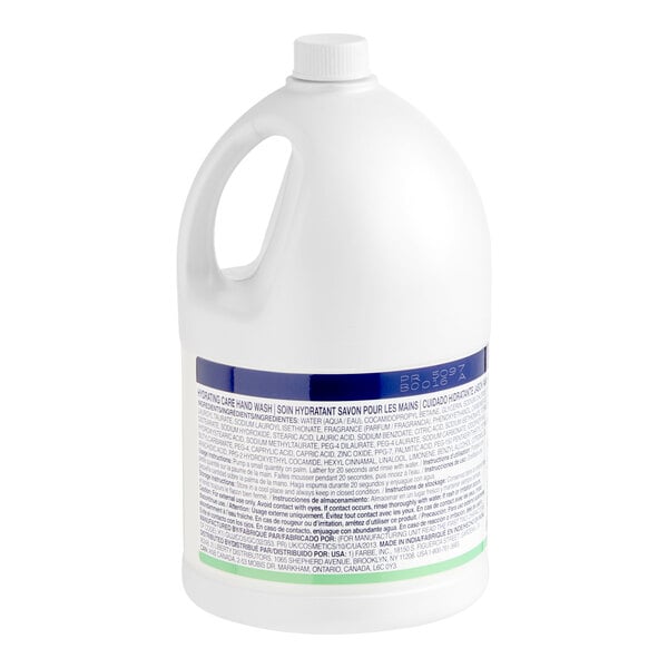 A large white plastic jug of Dove Hydrating Care hand wash with a handle and a label, containing 5 liters (1.32 gallons) of product.