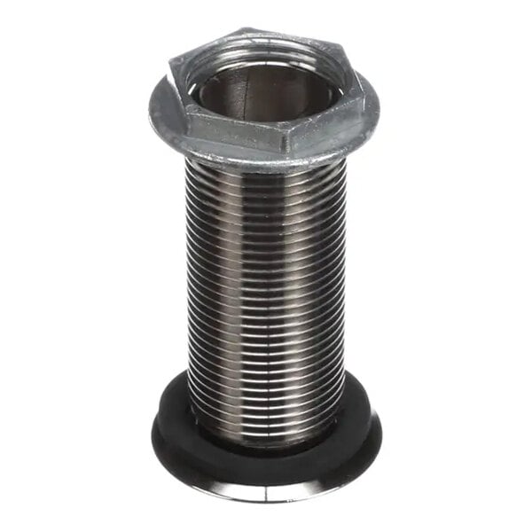 A nickel-plated brass drain component with a threaded cylindrical body and hexagonal top.