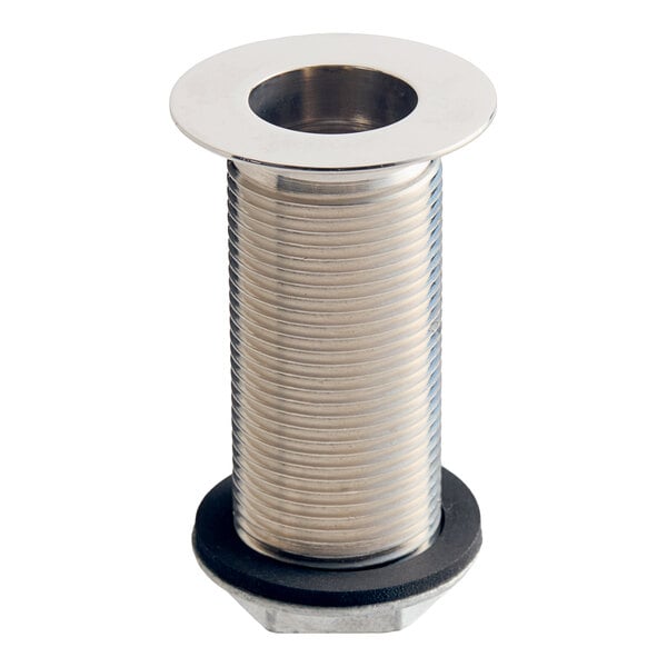 A metallic, cylindrical, threaded drain component with a wide flange at the top and a black gasket at the base.