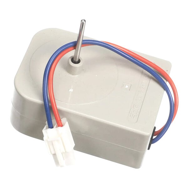 A rectangular gray fan motor with a metal shaft, red and blue wires, and a white connector.